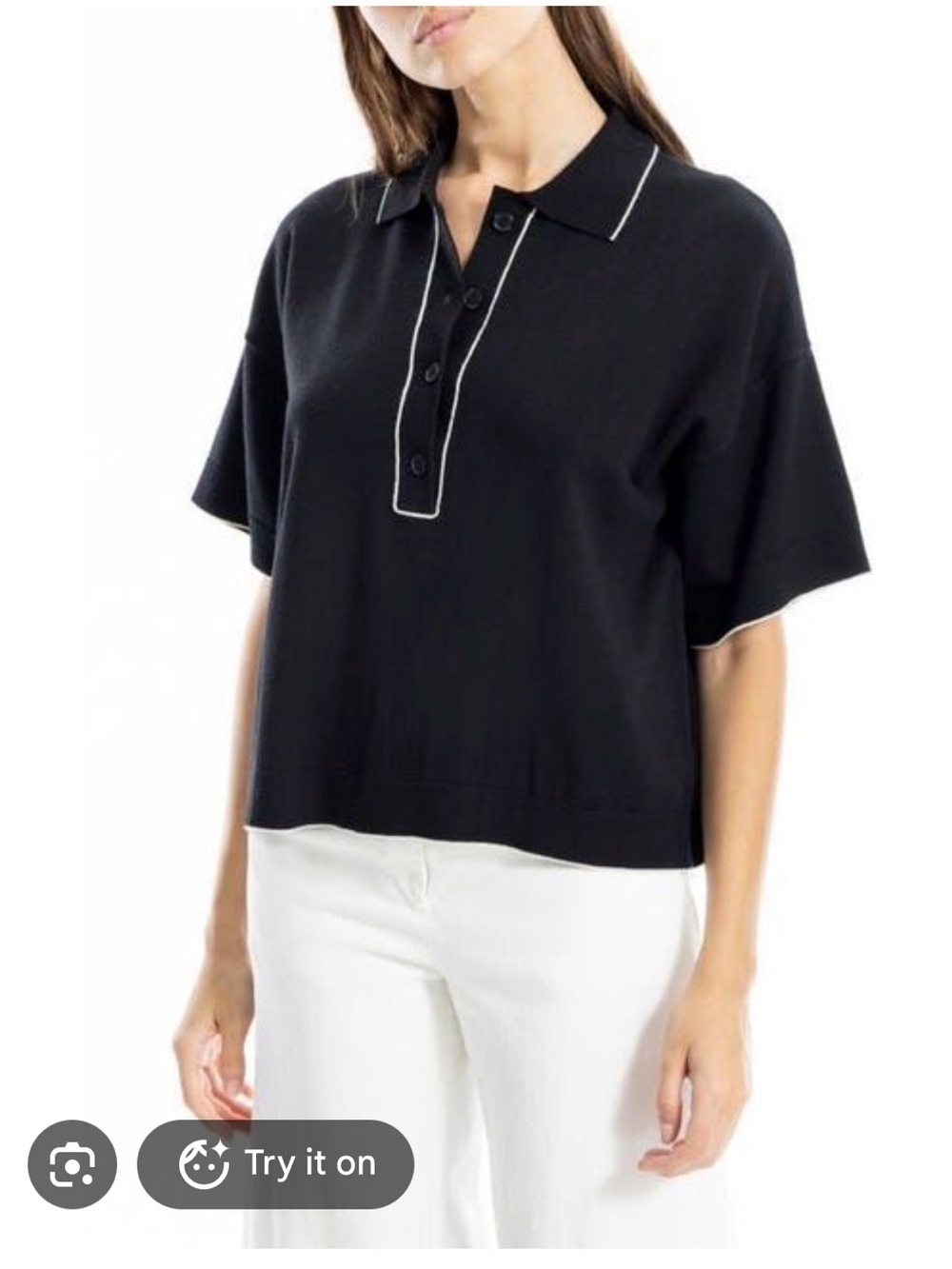 Max Studio Black Polo with Cream Piping